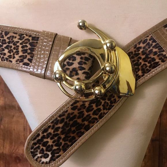 Vintage Accessories - Vintage Funky Leopard Hair Belt Heavy Gold Buckle